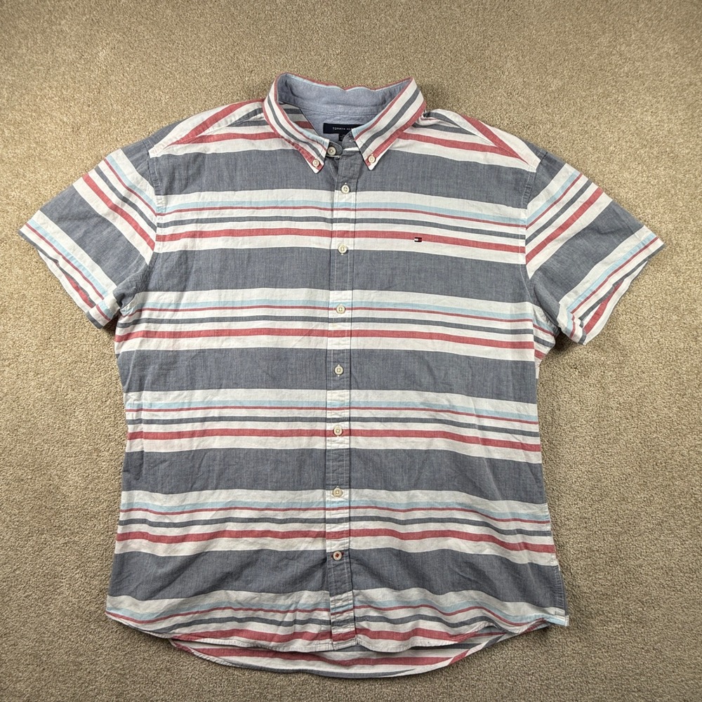 Tommy Hilfiger Mens XXL Short Sleeve Striped Button Down Shirt Blue Red White